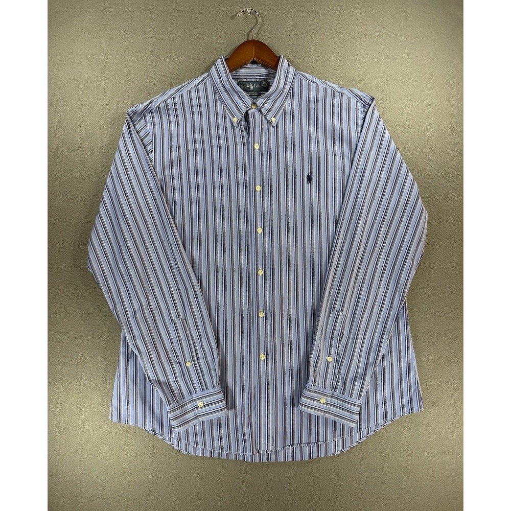Ralph Lauren Men's Long Sleeve Button Down Blue Striped Dress Shirt Size XL